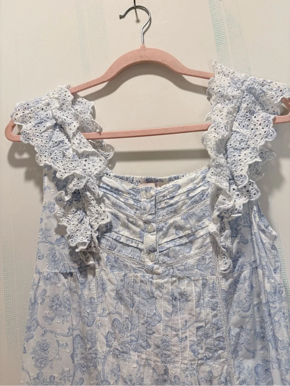 Rachel Ashwell Shabby Chic Blue & White Toile Cotton Ruffle Eyelet Nightgown L